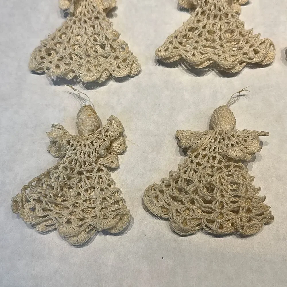 Vtg Angel Ornament Starched Crochet Cream Beige Off White Set Lot 10 Crocheted